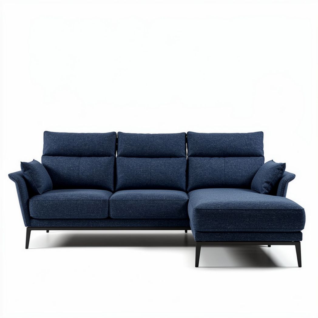 Canapé d'angle en tissu bleu avec accoudoirs et dimensions 220 x 90 x 85cm